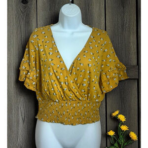American Eagle Wrap V-Neck Floral Blouse Sz M Mustard Yellow Smocked Waist Top